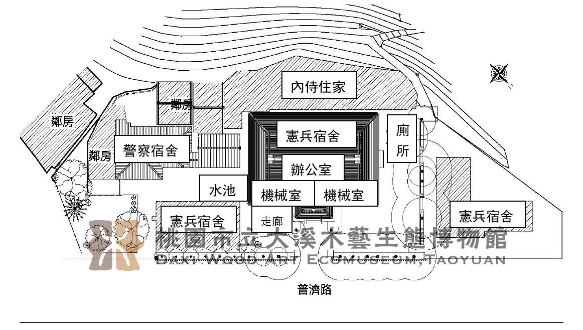 段落敘述相關的圖示說明：本圖節錄自：黃俊銘主持(2014)。桃園縣歷史建築「大溪武德殿」調查研究暨修復再利用計劃。頁2-12。桃園：桃園縣文化局。