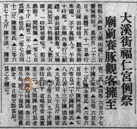 段落敘述相關的圖示說明：〈大溪街福仁宮例祭 廟前賽豚觀客擁至〉，《臺灣日日新報》，昭和十二年（1937）.03.25，n04版